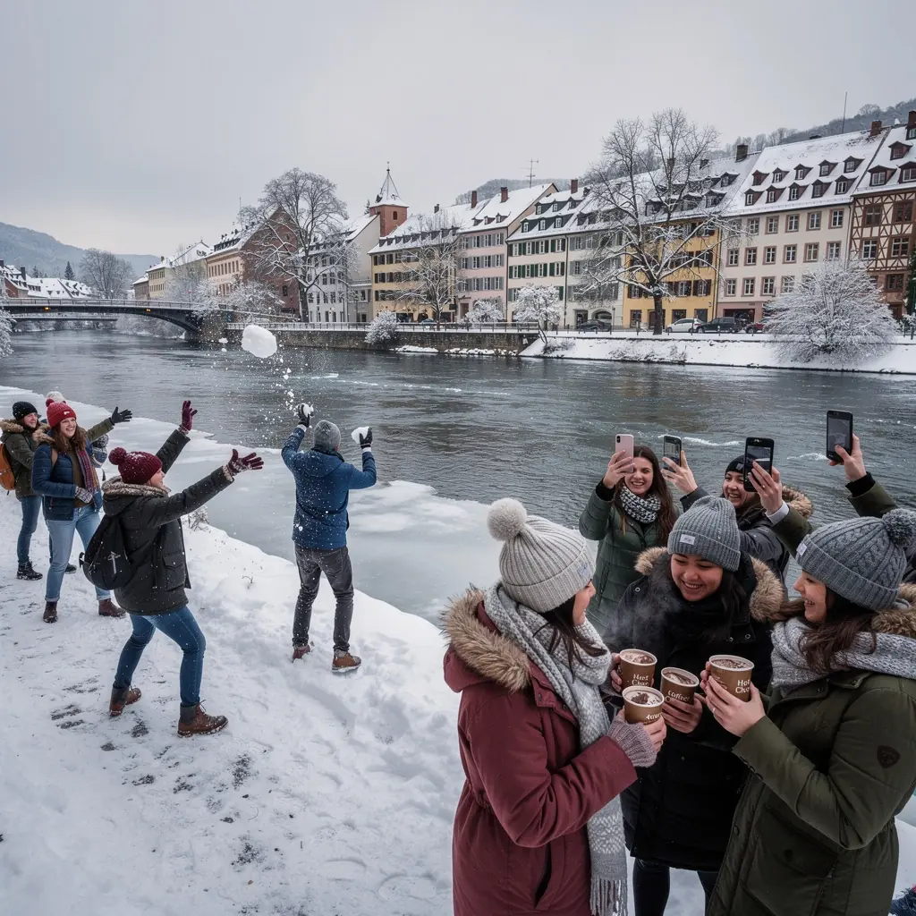 Eine Gruppe von Studenten, die auf dem Neckar in traditionellen Holzbooten rudern.