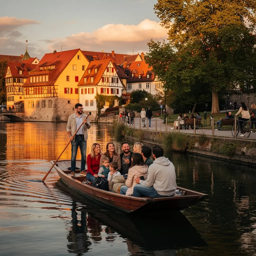 Ein ruhiger Nachmittag am Neckar, wo Passanten entlang des Ufers spazieren und die Landschaft genießen.
